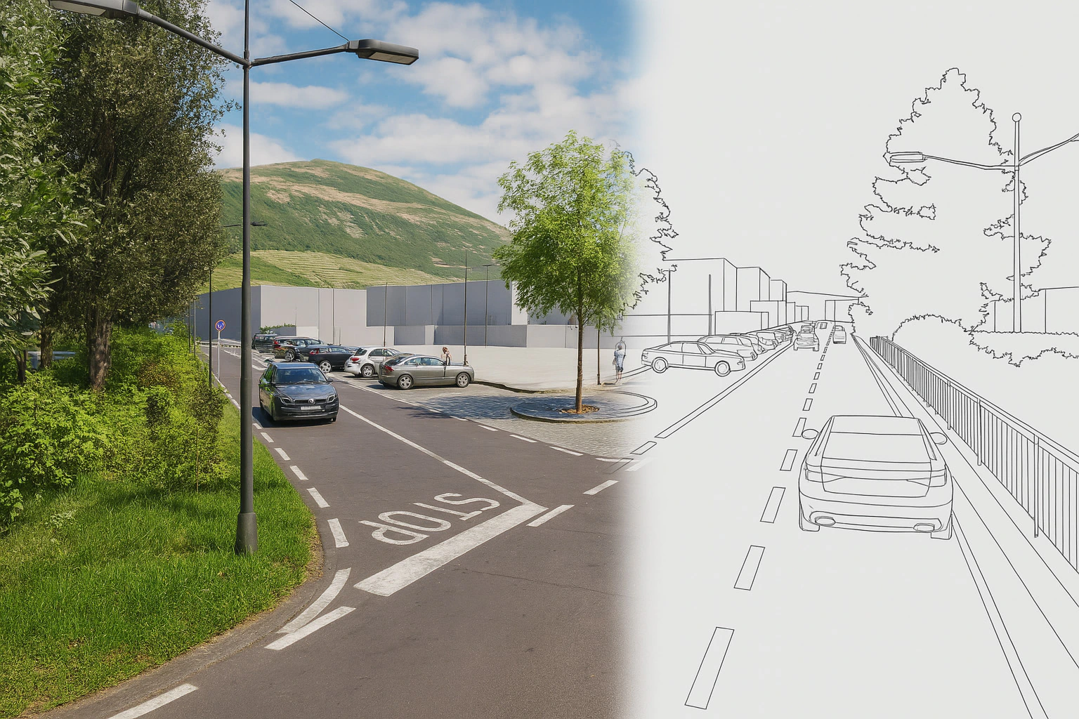 Visualizzazione di una strada con alberi e parcheggi: rendering a sinistra e disegno a destra