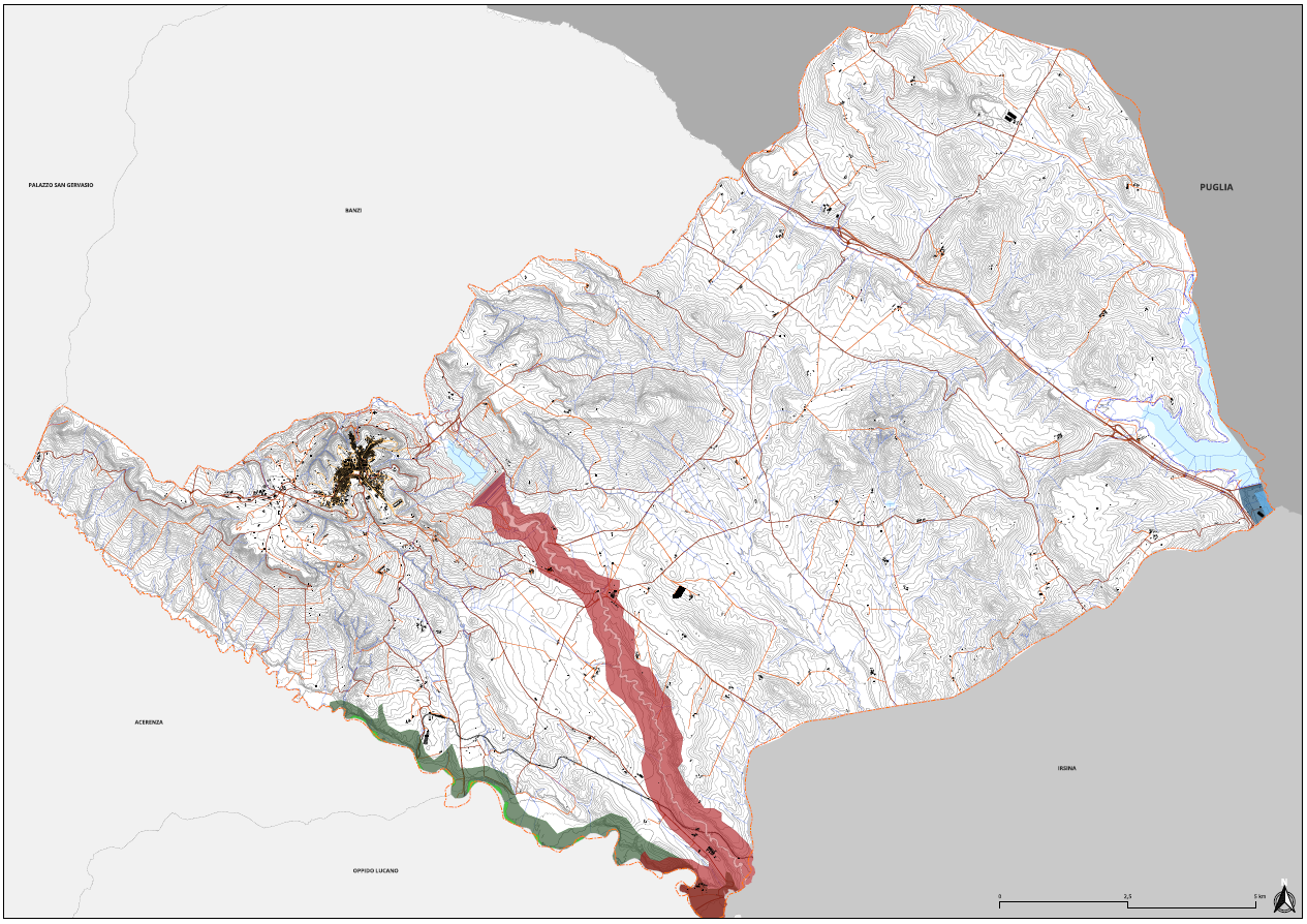 Carta territoriale con confini, insediamenti, viabilità, idrografia, orientamento e scala grafica