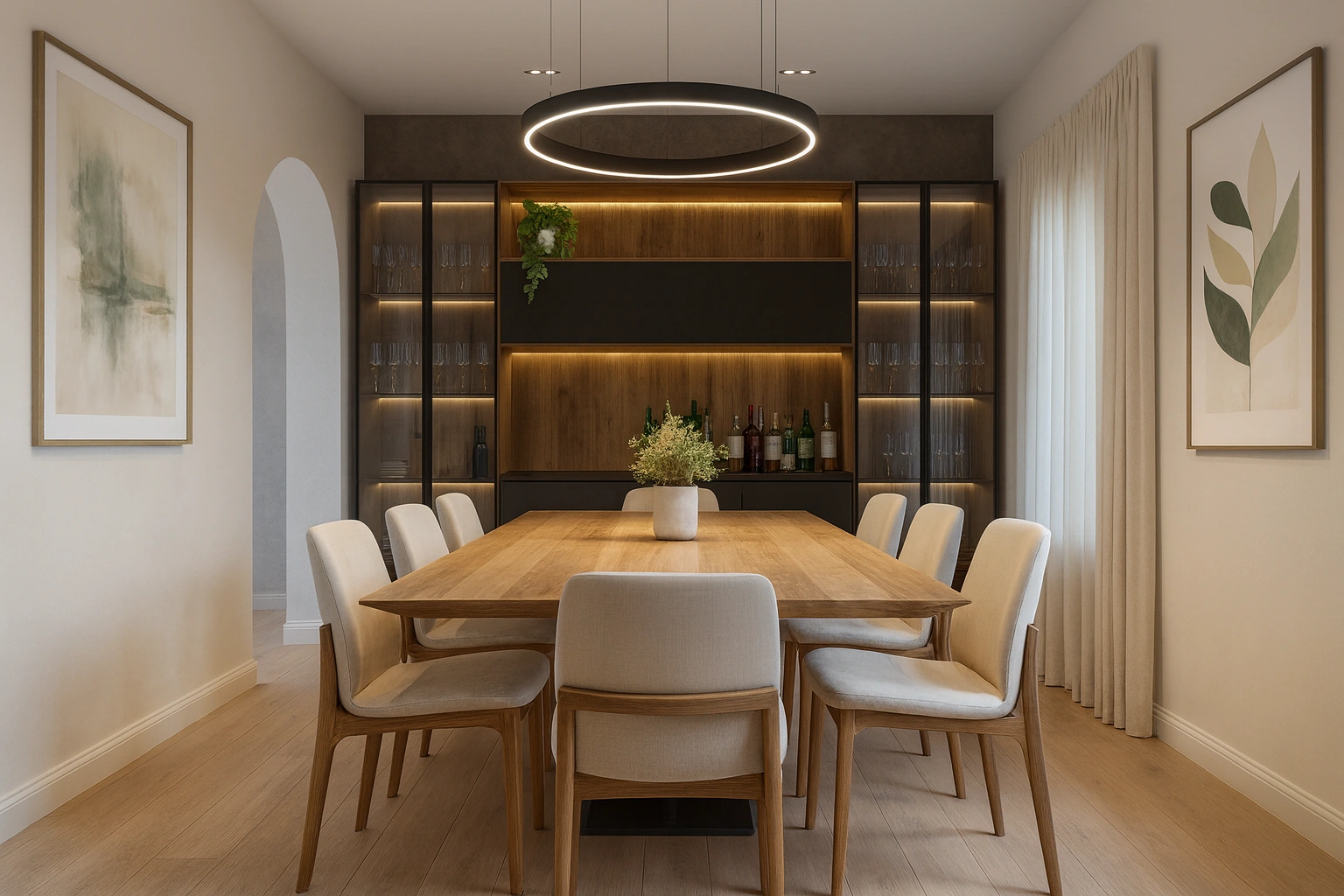 Render della zona pranzo con tavolo in legno, sedute imbottite, illuminazione circolare e parete attrezzata