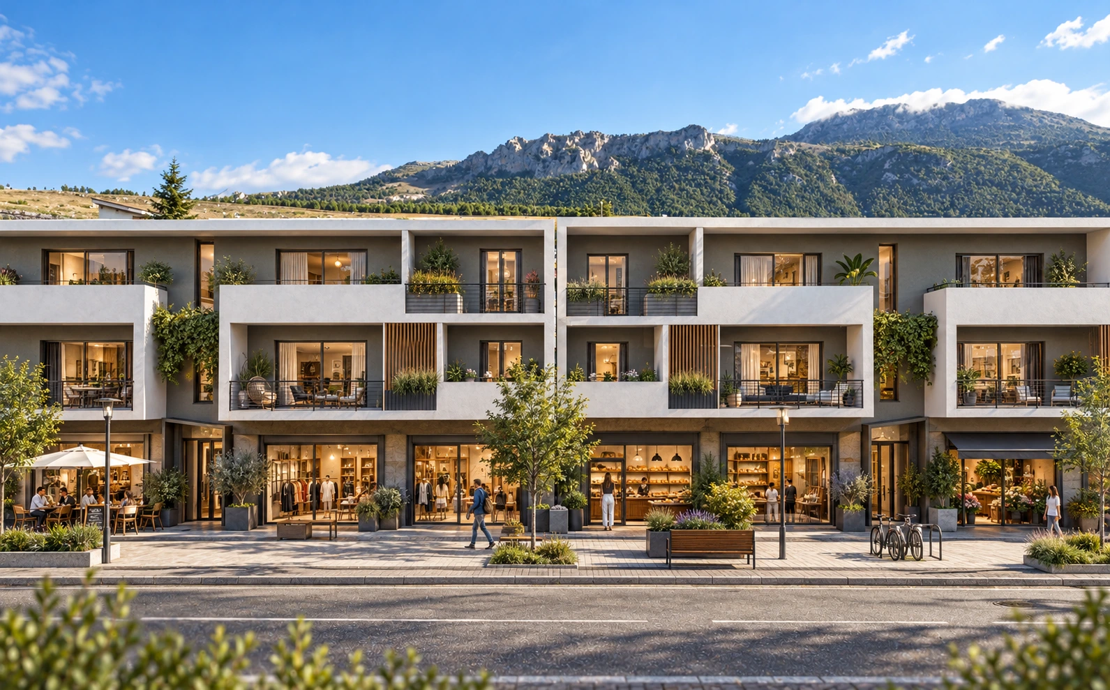Render fotorealistico diurno dell’edificio, con attività commerciali al piano terra e abitazioni ai livelli superiori